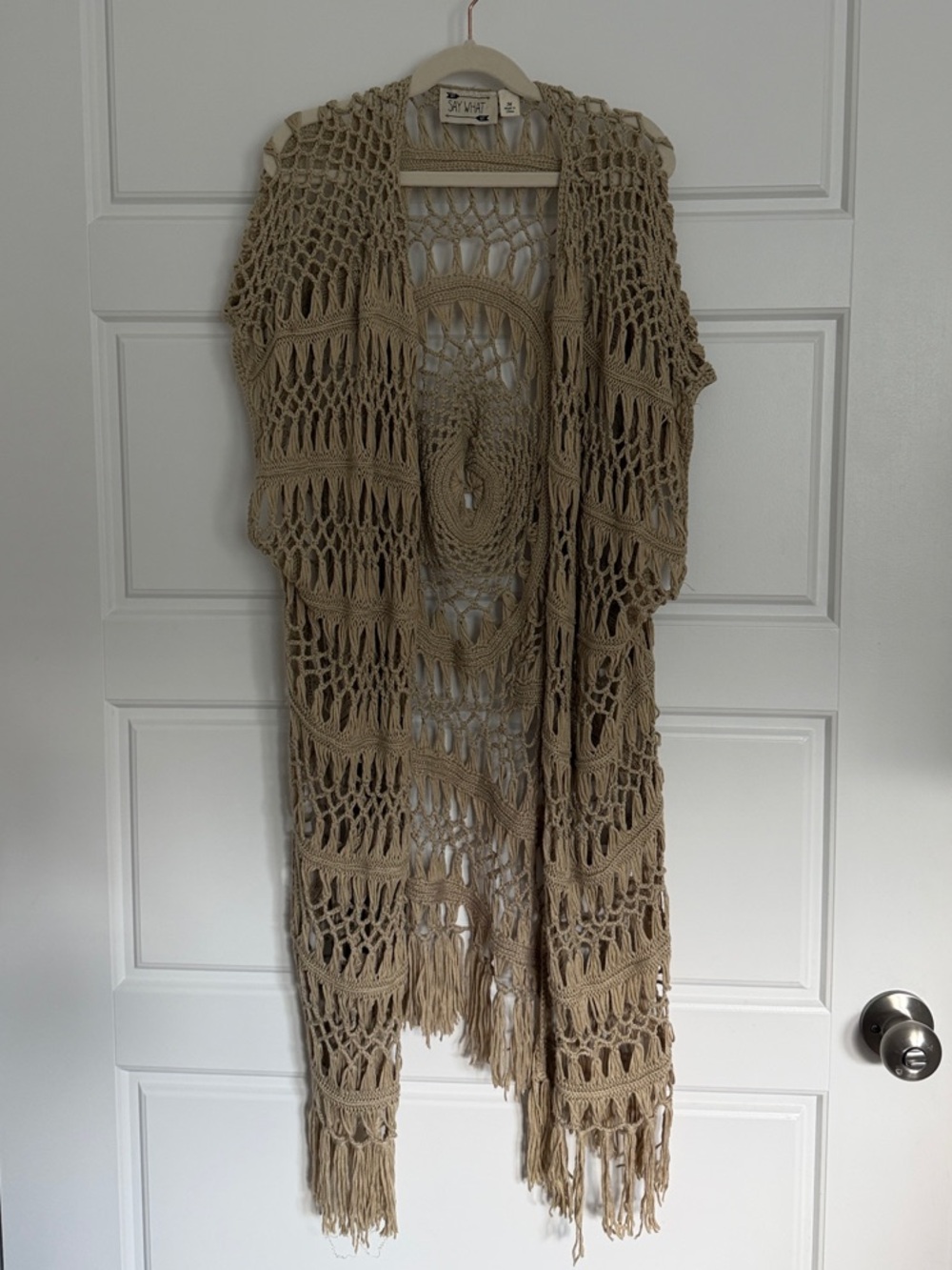 Say What? Crochet Fringe Duster in Beige Size Medium